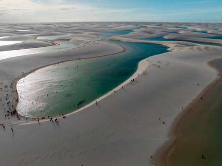 Aerial view of Lencois Maranhenses. White sand dunes with pools of fresh and transparent water. Desert. Barreirinhas. Maranhao State National Park. Brazilの写真素材