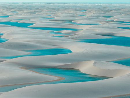 Aerial view of Lencois Maranhenses. White sand dunes with pools of fresh and transparent water. Desert. Barreirinhas. Maranhao State National Park. Brazilの写真素材