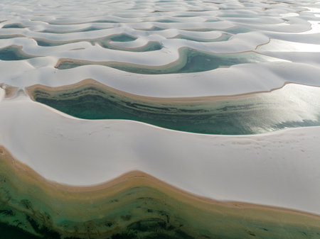 Aerial view of Lencois Maranhenses. White sand dunes with pools of fresh and transparent water. Desert. Barreirinhas. Maranhao State National Park. Brazilの写真素材