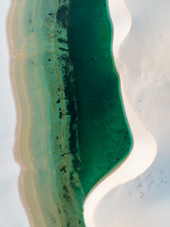 Aerial view of Lencois Maranhenses. White sand dunes with pools of fresh and transparent water. Desert. Barreirinhas. Maranhao State National Park. Brazilの写真素材