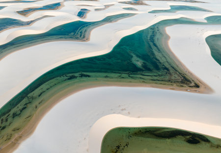 Aerial view of Lencois Maranhenses. White sand dunes with pools of fresh and transparent water. Desert. Barreirinhas. Maranhao State National Park. Brazilの写真素材