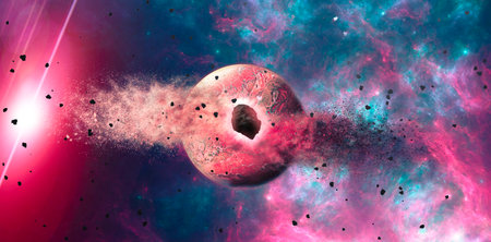 Planet with rings and comets, meteorite asteroids whizzing by. cataclysms. Formation and creation of new worlds. Exoplanets, galaxies and nebulae. Sci-fi. 3d renderの写真素材