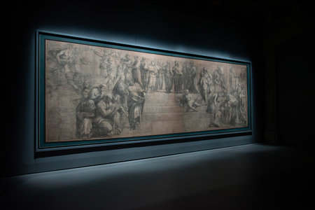 Preparatory cartoon of Raphael's âSchool of Athensâ located in the Ambrosiana Library in Milan, Italy 09-07-2023.のeditorial素材