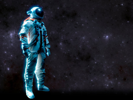 Cosmonaut in space suit with stars background. Space explorations, discoveries, new challengesの写真素材