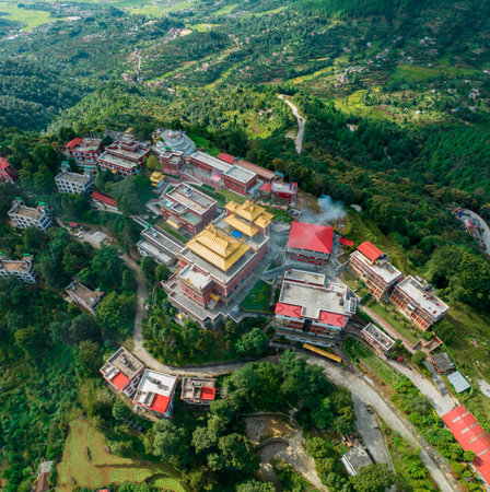 Aerial view of the Thrangu Tashi Yangtse Monastery or Namo Buddha Monastery is a Tibetan Buddhist monastery, close to Kathmandu, it lies at the top of the hill. Nepal 10-03-2023のeditorial素材