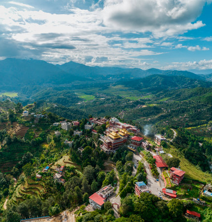 Aerial view of the Thrangu Tashi Yangtse Monastery or Namo Buddha Monastery is a Tibetan Buddhist monastery, close to Kathmandu, it lies at the top of the hill. Nepal 10-03-2023のeditorial素材