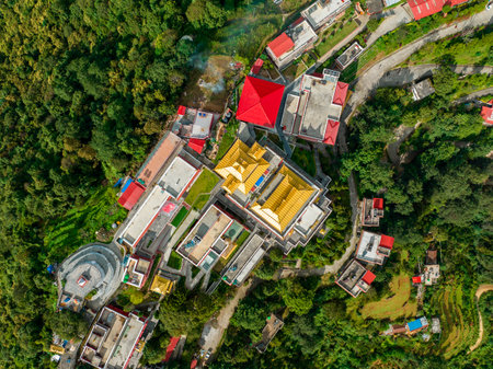 Aerial view of the Thrangu Tashi Yangtse Monastery or Namo Buddha Monastery is a Tibetan Buddhist monastery, close to Kathmandu, it lies at the top of the hill. Nepal 10-03-2023のeditorial素材