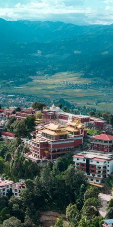 Aerial view of the Thrangu Tashi Yangtse Monastery or Namo Buddha Monastery is a Tibetan Buddhist...