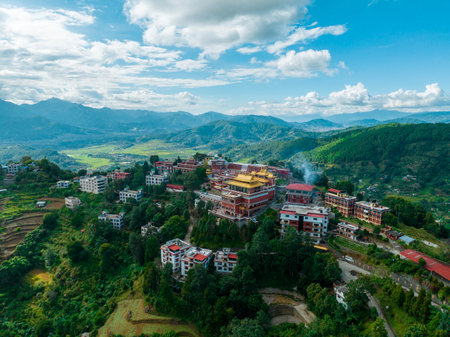 Aerial view of the Thrangu Tashi Yangtse Monastery or Namo Buddha Monastery is a Tibetan Buddhist monastery, close to Kathmandu, it lies at the top of the hill. Nepal 10-03-2023のeditorial素材