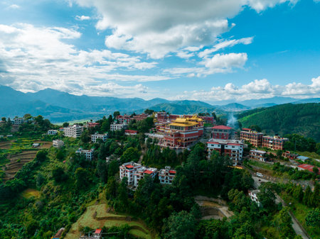 Aerial view of the Thrangu Tashi Yangtse Monastery or Namo Buddha Monastery is a Tibetan Buddhist monastery, close to Kathmandu, it lies at the top of the hill. Nepal 10-03-2023のeditorial素材