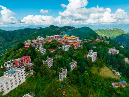 Aerial view of the Thrangu Tashi Yangtse Monastery or Namo Buddha Monastery is a Tibetan Buddhist monastery, close to Kathmandu, it lies at the top of the hill. Nepal 10-03-2023のeditorial素材