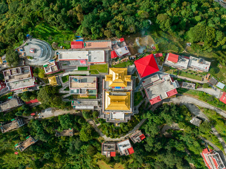 Aerial view of the Thrangu Tashi Yangtse Monastery or Namo Buddha Monastery is a Tibetan Buddhist monastery, close to Kathmandu, it lies at the top of the hill. Nepal 10-03-2023のeditorial素材