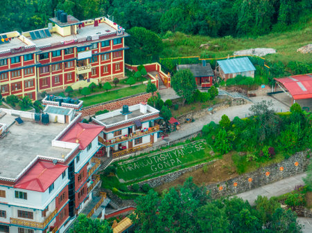 Aerial view of the Thrangu Tashi Yangtse Monastery or Namo Buddha Monastery is a Tibetan Buddhist monastery, close to Kathmandu, it lies at the top of the hill. Nepal 10-03-2023のeditorial素材