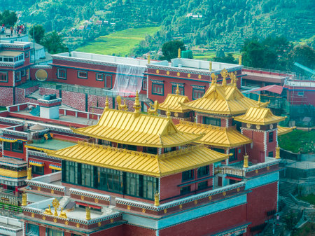 Aerial view of the Thrangu Tashi Yangtse Monastery or Namo Buddha Monastery is a Tibetan Buddhist...