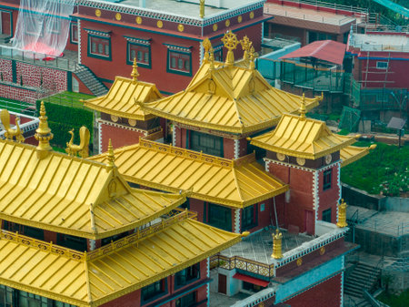 Aerial view of the Thrangu Tashi Yangtse Monastery or Namo Buddha Monastery is a Tibetan Buddhist monastery, close to Kathmandu, it lies at the top of the hill. Nepal 10-03-2023のeditorial素材