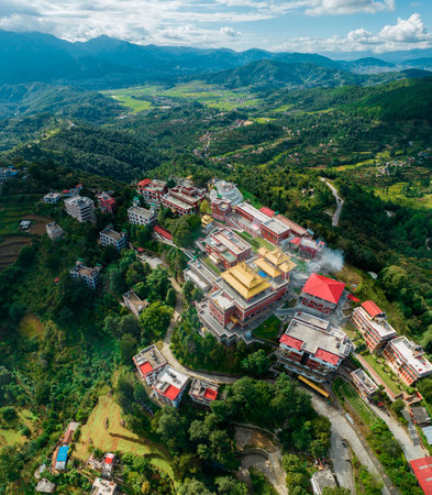 Aerial view of the Thrangu Tashi Yangtse Monastery or Namo Buddha Monastery is a Tibetan Buddhist monastery, close to Kathmandu, it lies at the top of the hill. Nepal 10-03-2023のeditorial素材