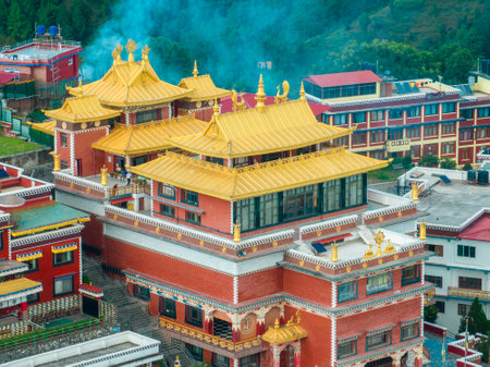 Aerial view of the Thrangu Tashi Yangtse Monastery or Namo Buddha Monastery is a Tibetan Buddhist...