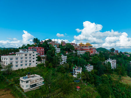 Aerial view of the Thrangu Tashi Yangtse Monastery or Namo Buddha Monastery is a Tibetan Buddhist monastery, close to Kathmandu, it lies at the top of the hill. Nepal 10-03-2023のeditorial素材
