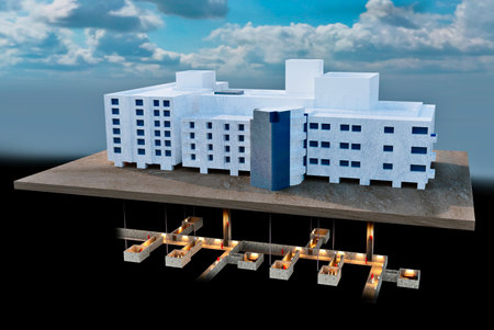 Al-Shifa Hospital is the largest medical complex and central hospital in the Gaza Strip, in Gaza City. Underground tunnels to escape and hide, and to hold prisoners. 3d renderingの写真素材