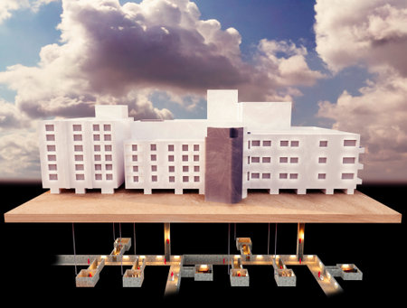 Al-Shifa Hospital is the largest medical complex and central hospital in the Gaza Strip, in Gaza City. Underground tunnels to escape and hide, and to hold prisoners. 3d renderingの写真素材