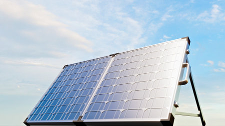 Inclined solar panels, solutions for domestic energy saving. Production of electricity at zero costs. 3d renderingの写真素材