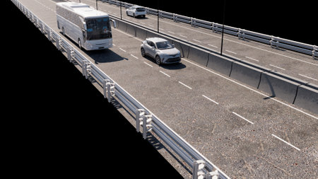 Long-distance bus, highway and state road. Roadways and traffic dividers. Moving vehicles. Traveling and moving by public transport. 3d renderingの写真素材