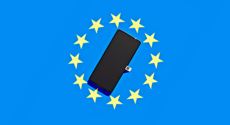 Mobile Phone and sim card, abolition of roaming in the European Union. Europe flag, Copy space. 3d renderingの写真素材