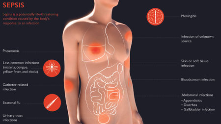 Sepsis is a potentially life-threatening condition caused by the body's response to an infection. Human body with internal organs. 3d renderingの写真素材