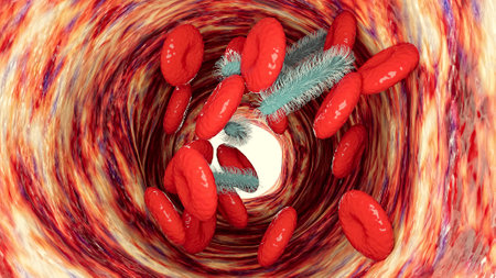 Blood flow, vein and red blood cells and presence of sepsis. It is a potentially life-threatening condition caused by the body's response to an infection. 3d renderingの写真素材