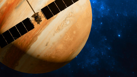 Clipper spacecraft traveling to the moon Europa with Jupiter rising in the background. 3d rendering.の写真素材