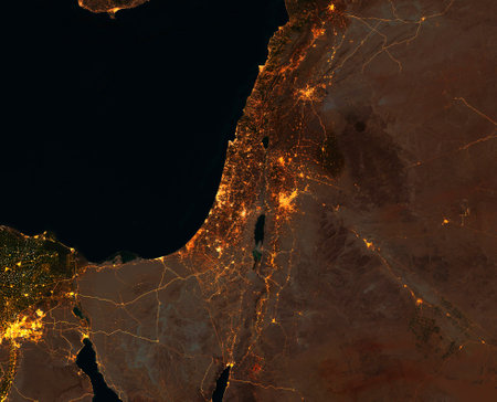 Night satellite view of Israel, Gaza Strip, West Bank, Lebanon, Syria, Jordan and Egypt. City and street lights.の写真素材