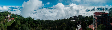 Aerial view of Himalayan mountain range seen from Nagarkot surrounded by clouds. The highest mountains in the world seen from Nepal.の写真素材