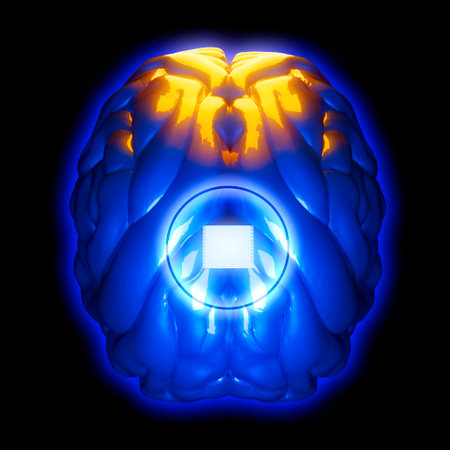 Link, neurallink, new artificial intelligence technology that allows you to connect to the human brain. Neuralink sensors ready to be installed in the skull of a human. 3d renderの写真素材