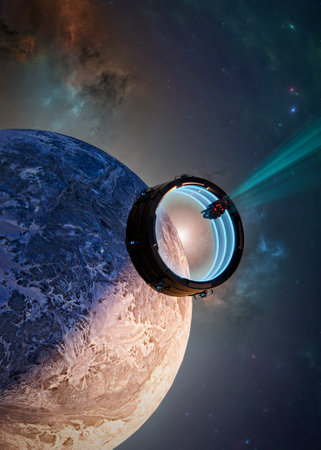 Interstellar travel and dimensional portals, spaceships exploring new planets and space-time transformation. Conquest of new worlds, exoplanets. 3d renderingの写真素材