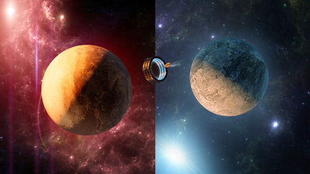Interstellar travel and dimensional portals, spaceships exploring new planets and space-time transformation. Conquest of new worlds, exoplanets. 3d renderingの写真素材