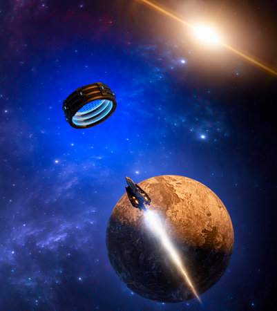 Interstellar travel and dimensional portals, spaceships exploring new planets and space-time transformation. Conquest of new worlds, exoplanets. 3d renderingの写真素材
