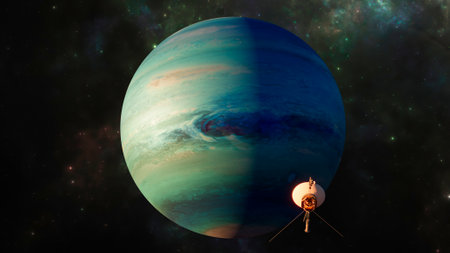 View of the planet Neptune. Voyager probe in exploration around the planet. Solar system. 3d...