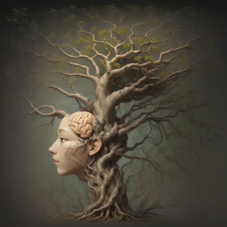 Plant with female face, woman and plant in symbiosis, human plant, fantasy and fairy tale, trunk of a tree with intertwining branches. Wisdom. ai generativeの素材