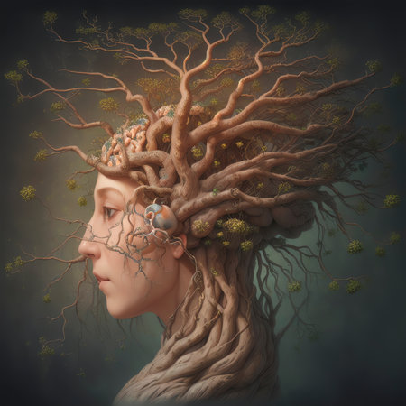 Plant with female face, woman and plant in symbiosis, human plant, fantasy and fairy tale, trunk of a tree with intertwining branches. Wisdom. ai generativeの素材