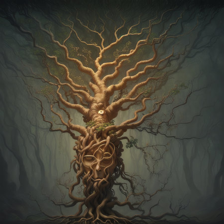 Plant with female face, woman and plant in symbiosis, human plant, fantasy and fairy tale, trunk of a tree with intertwining branches. Wisdom. ai generativeの素材