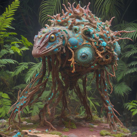 Alien creatures immersed in nature, extraterrestrial organism, animal from alien worlds. Ai generativeの素材