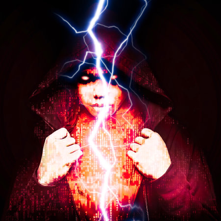 Hacker boy with hood, power of programming. Cutting-edge technology, use of artificial intelligence to expand and speed up programming processes. Illegal acquisition of informationの写真素材
