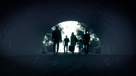 Refugees and immigrants looking for a new hope in life. Silhouette. Column of migrants passing...