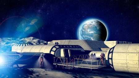Lunar base, spatial outpost. First settlement on the moon. Space missions. Living modules for the conquest of space. 3d rendering. The earth seen from the moonの写真素材