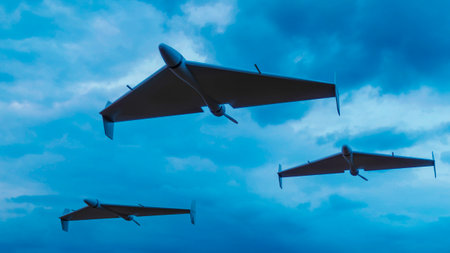 The HESA Shahed 136 in Russian service, is an Iranian loitering munition in the form of an autonomous pusher-prop drone. Drones flying at night. Sensitive targets, attack. Kamikazeの写真素材