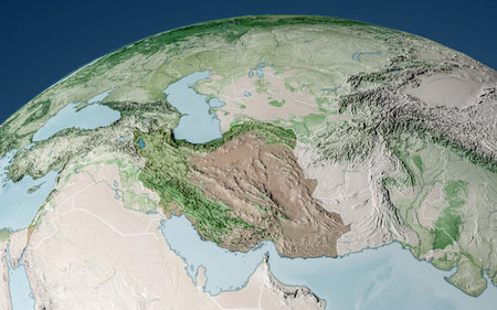 Satellite view of Iran map and borders, physical map Middle East, Arabian peninsula, map with reliefs and mountains. 3d rendering.の写真素材