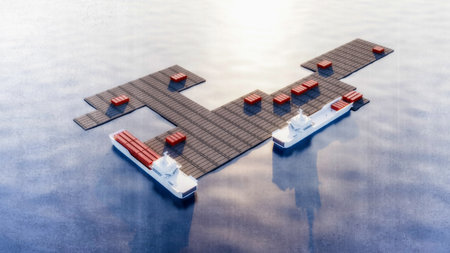 Construction of a floating dock to help the inhabitants of the Gaza Strip, raw materials and basic necessities, food and medical aid. Mediterranean Sea. 3d renderingの写真素材