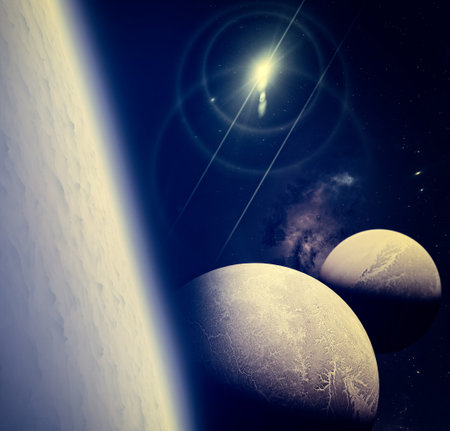 Sci-fi landscape. Exoplanet seen from one of its moons. Satellites of an extraterrestrial planet. Clouds and atmosphere of a moon near a planet. 3d renderingの写真素材