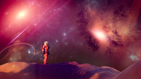 Astronaut on an unexplored planet, conquering new worlds, exoplanets. 3d rendering Extraterrestrial terrain of another planet. Space explorations and discoveries.の写真素材