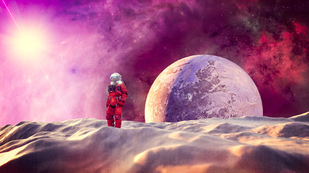 Astronaut on an unexplored planet, conquering new worlds, exoplanets. 3d rendering Extraterrestrial terrain of another planet. Space explorations and discoveries.の写真素材